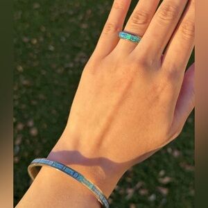 Blue Green Fire Opal Inlay Sterling Silver Bangle Bracelet Ring Set
